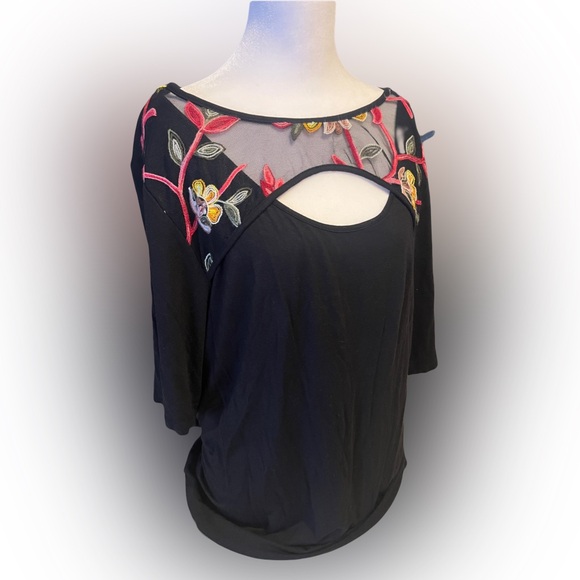 Kim & Cami Tops - Kim & Cami Women’s Black Short Sleeve Top With Mesh Embroidery 3XL